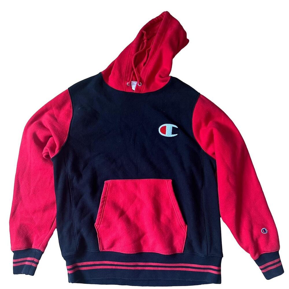 Champion Mini Logo Colorblock Hoodie Sweatshirt in Red & Black, Size Large